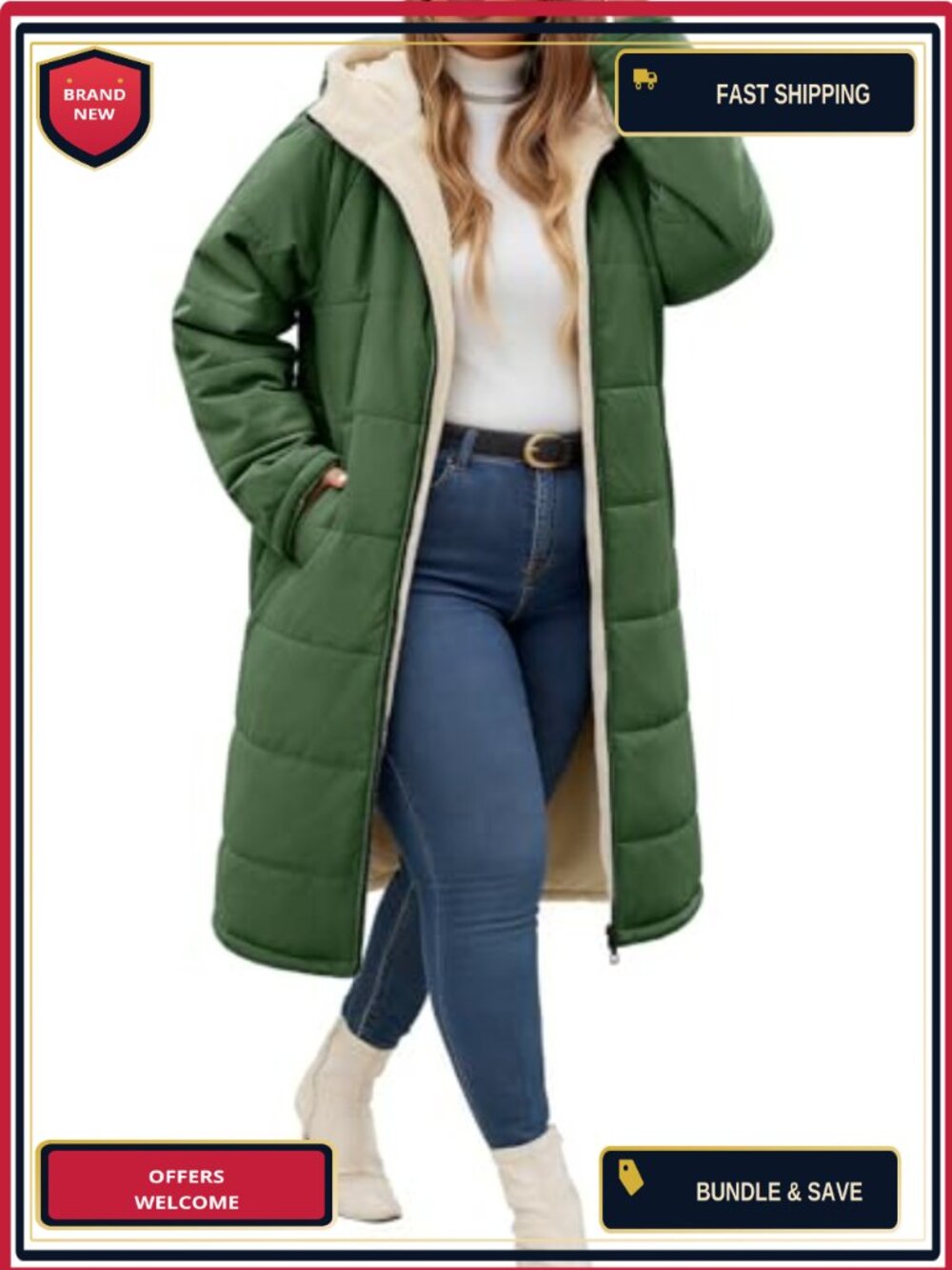 Plus Size Women's Winter Down Jacket with Hood, Zip Up Fleece, Sherpa Lining,